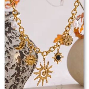 Gold Celestial Sun Moon Natural Stone Necklace, 16.5–18.9 Inch